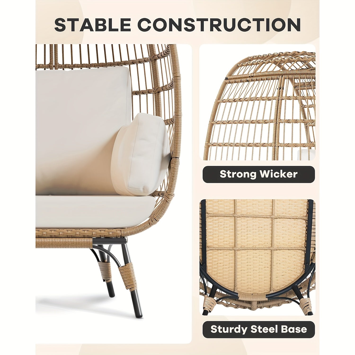 Oversized Rattan Egg Chair Indoor\u002FOutdoor Wicker Egg Basket Lounge Chair Egg Shaped Chair with Steel Frame And 4 Cushions for Patio, Porch, Backyard, Living Room, White\u002FBlack