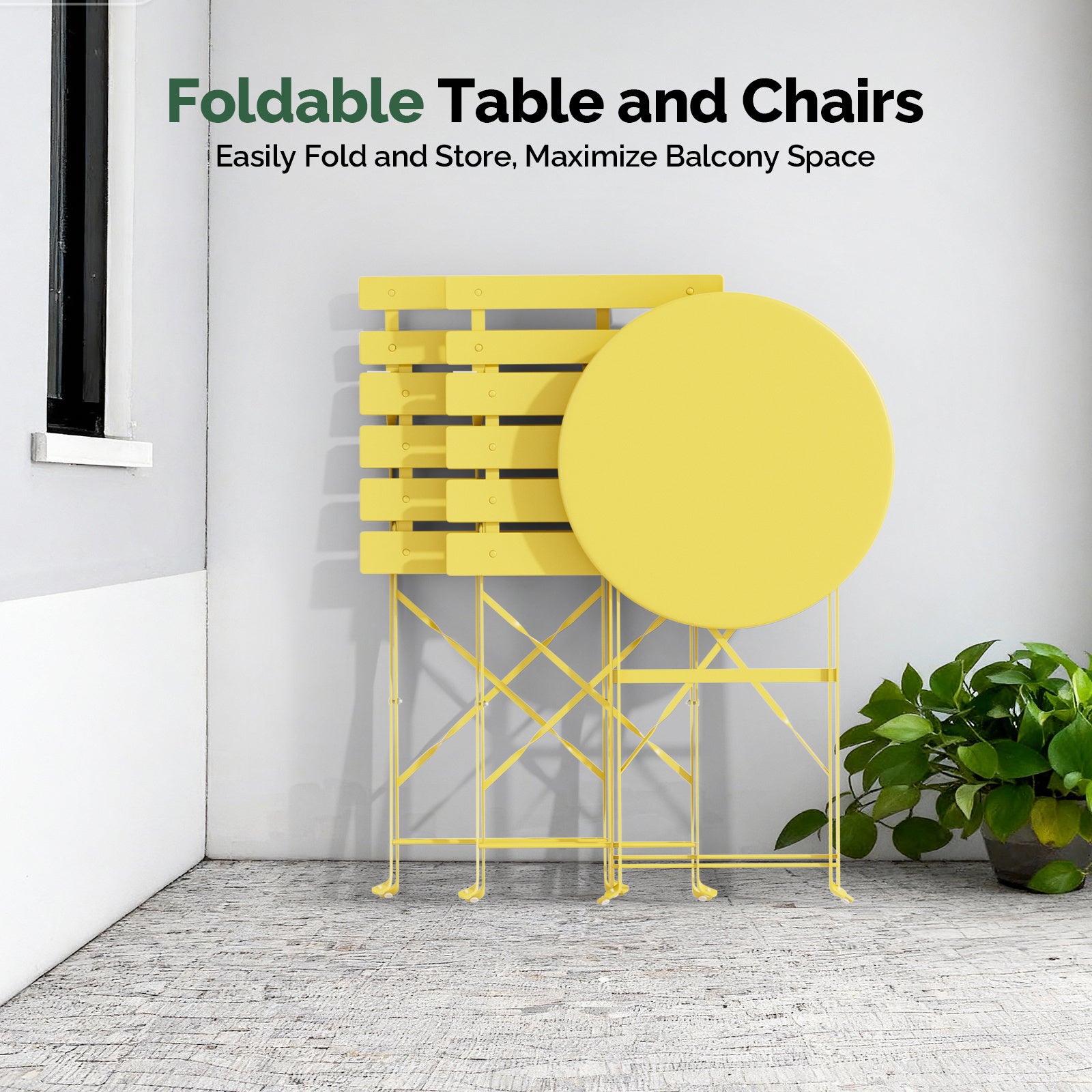 3-Piece Folding Bistro Set, Space-Saving Outdoor Patio Table and Chairs, Weather-Resistant Steel Furniture Set for Balcony Porch Garden, Black\u002FYellow\u002FGreen