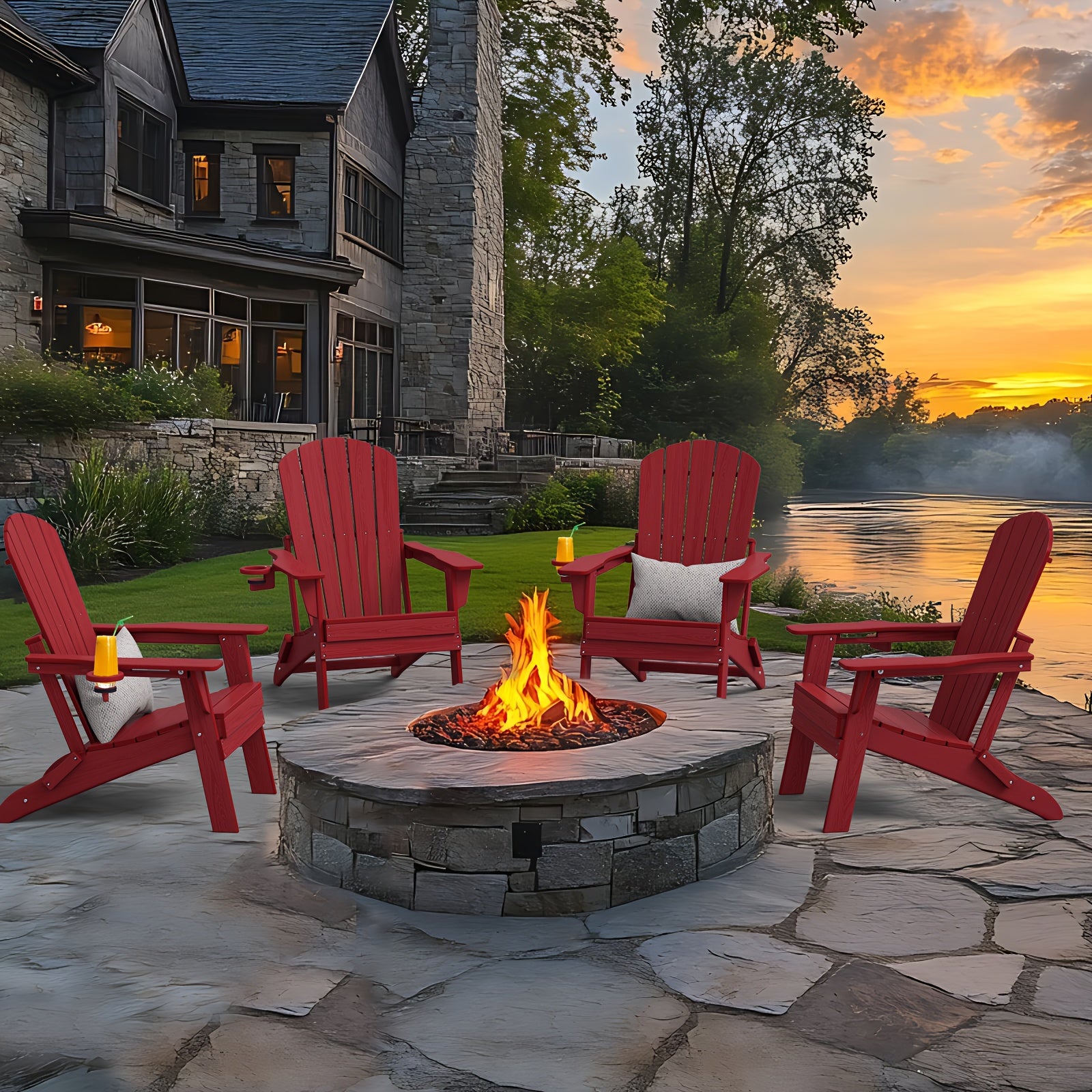 Folding Adirondack Chair 4 Pack, HDPE All-Weather Fire Pit Chairs, Plastic Adirondack Chairs with Cup Holder, Outdoor Lawn Chair for Patio Garden