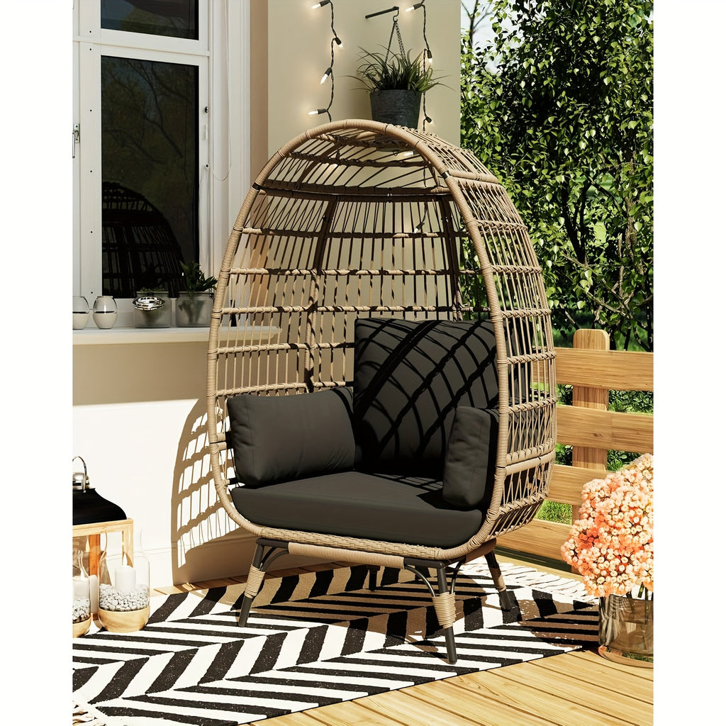Oversized Rattan Egg Chair Indoor\u002FOutdoor Wicker Egg Basket Lounge Chair Egg Shaped Chair with Steel Frame And 4 Cushions for Patio, Porch, Backyard, Living Room, White\u002FBlack