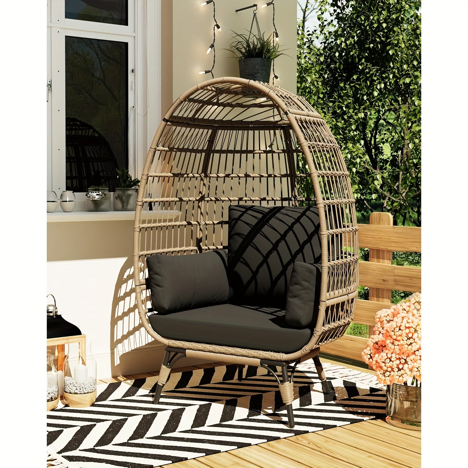 Oversized Rattan Egg Chair Indoor\u002FOutdoor Wicker Egg Basket Lounge Chair Egg Shaped Chair with Steel Frame And 4 Cushions for Patio, Porch, Backyard, Living Room, White\u002FBlack