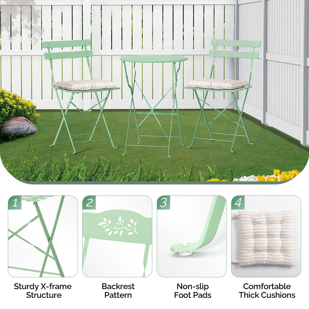 3-Piece Folding Bistro Set, Space-Saving Outdoor Patio Table and Chairs, Weather-Resistant Steel Furniture Set for Balcony Porch Garden, Black\u002FYellow\u002FGreen