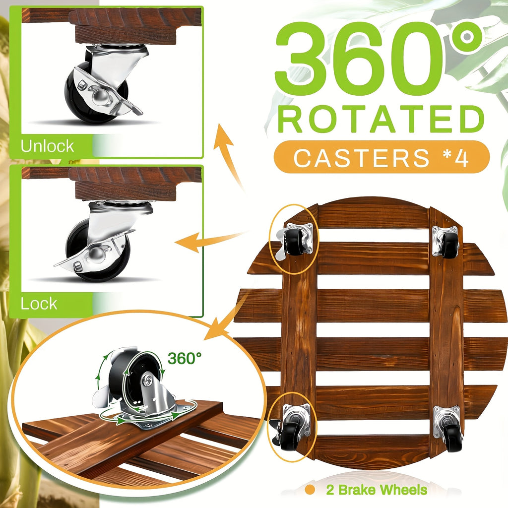 2pcs Wooden Plant Stand with Locking Wheels - Suitable for Indoor\u002FOutdoor Heavy-Duty Rolling Plant Stand, Perfect for Large Potted Plants