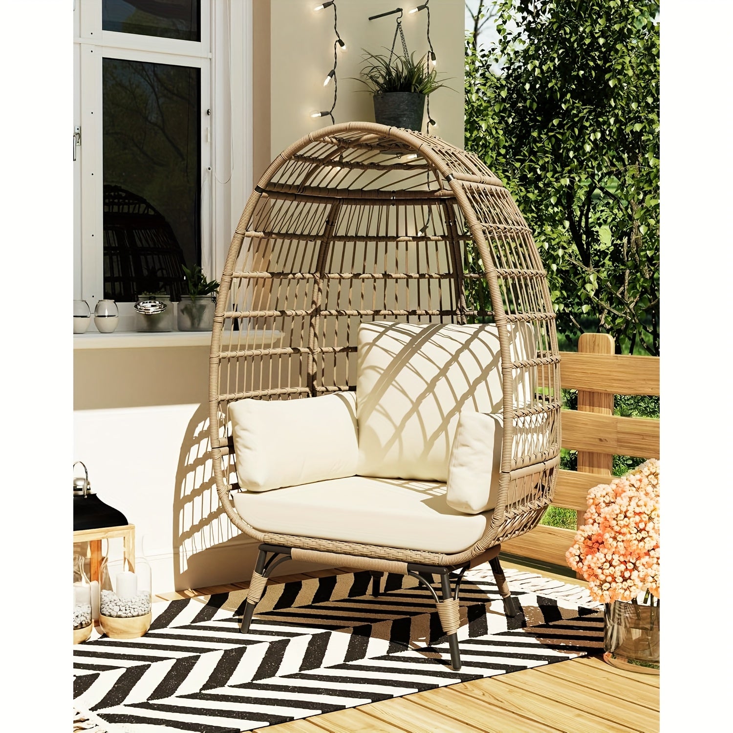 Oversized Rattan Egg Chair Indoor\u002FOutdoor Wicker Egg Basket Lounge Chair Egg Shaped Chair with Steel Frame And 4 Cushions for Patio, Porch, Backyard, Living Room, White\u002FBlack