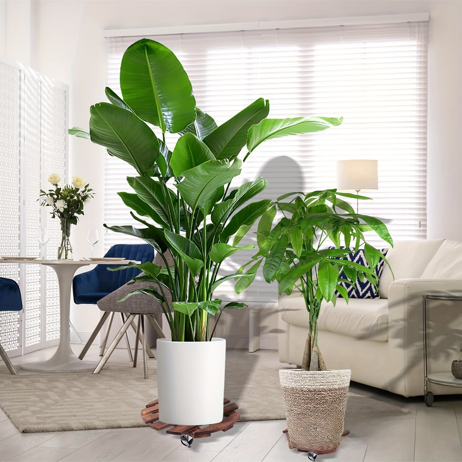 2pcs Wooden Plant Stand with Locking Wheels - Suitable for Indoor\u002FOutdoor Heavy-Duty Rolling Plant Stand, Perfect for Large Potted Plants