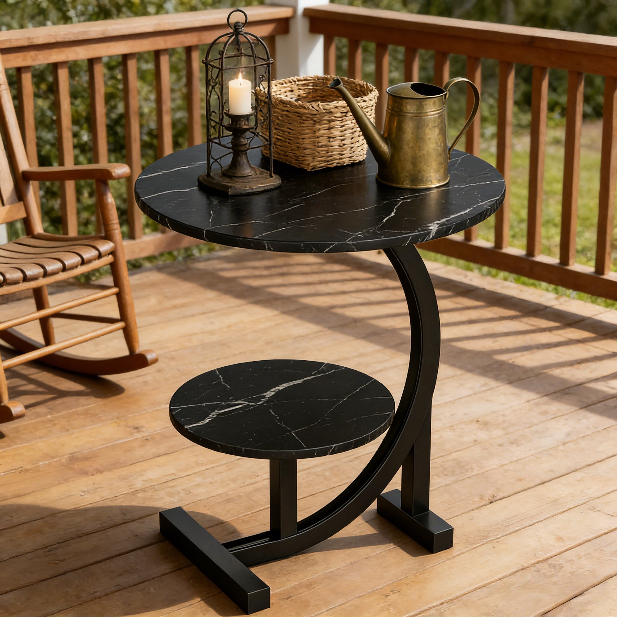 14 Inch Round Metal Solid Wood Arc Side Table | Modern Garden Side Table with Double Layer Storage Shelf - Durable Aluminum Alloy Frame, Polished Surface, Space-Saving Design, Sturdy Base for Terrace, Camping, Balcony or Outdoor Space