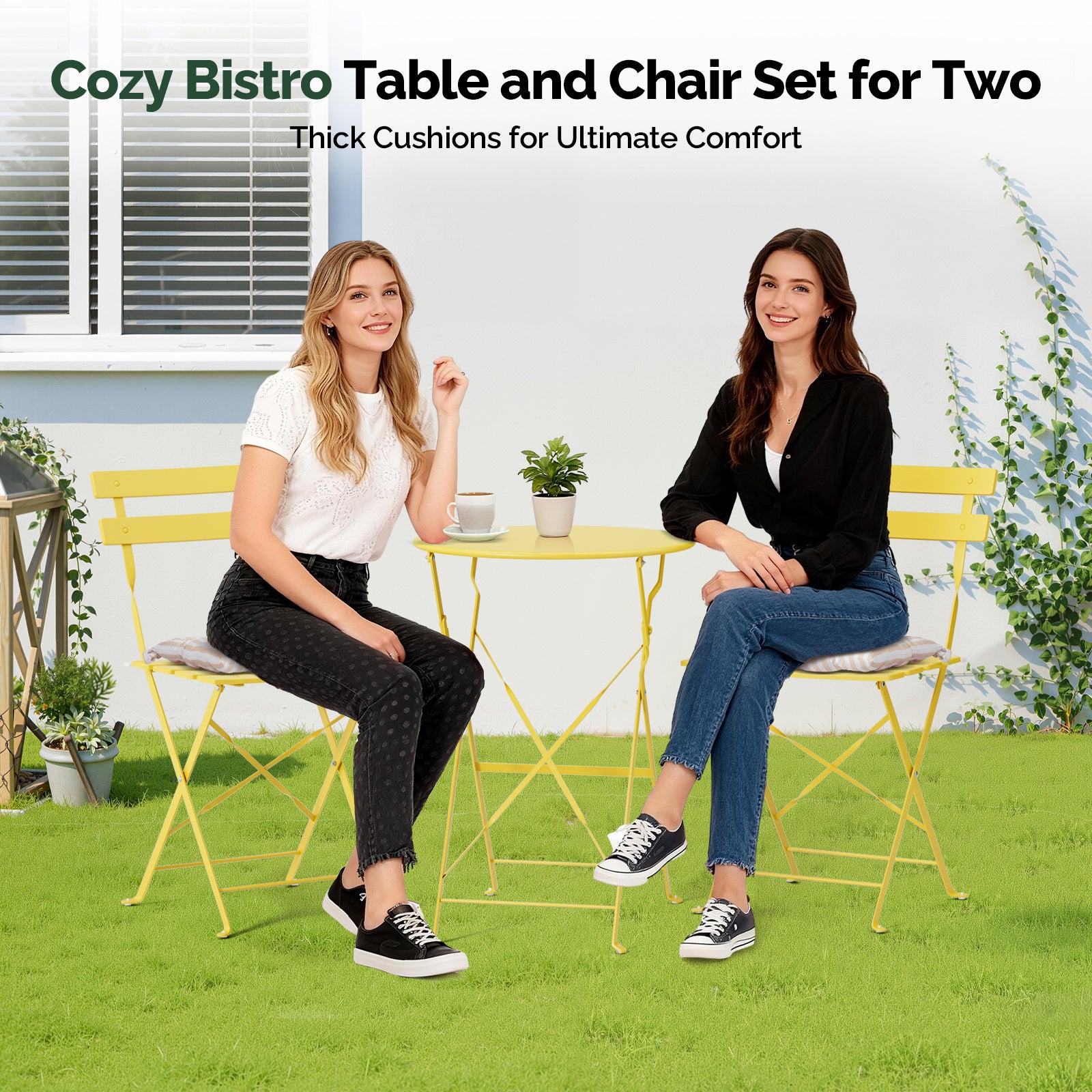 3-Piece Folding Bistro Set, Space-Saving Outdoor Patio Table and Chairs, Weather-Resistant Steel Furniture Set for Balcony Porch Garden, Black\u002FYellow\u002FGreen