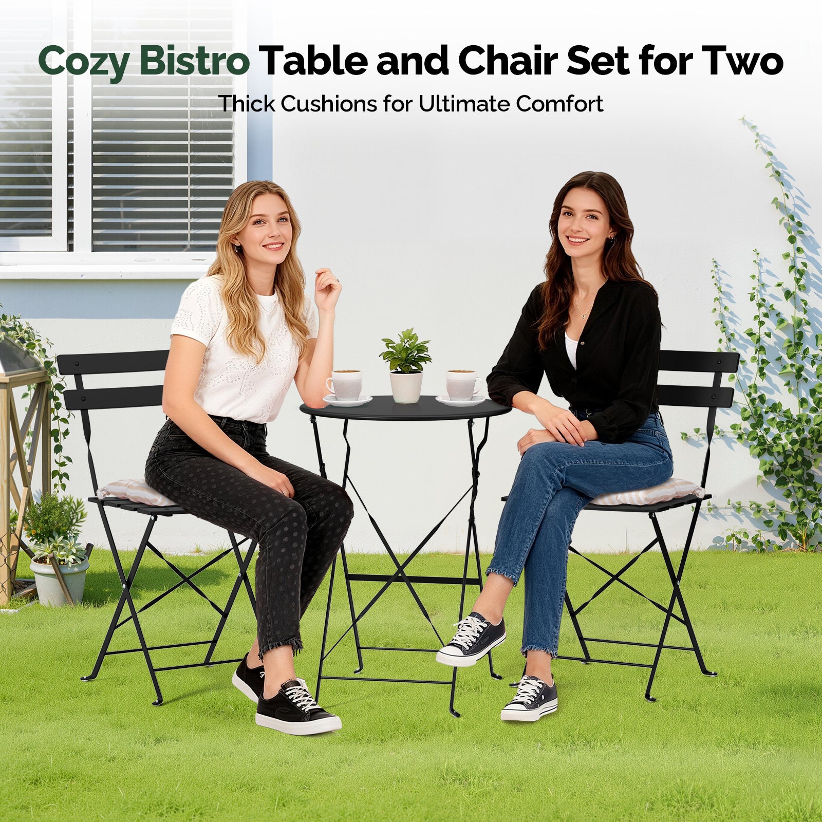 3-Piece Folding Bistro Set, Space-Saving Outdoor Patio Table and Chairs, Weather-Resistant Steel Furniture Set for Balcony Porch Garden, Black\u002FYellow\u002FGreen
