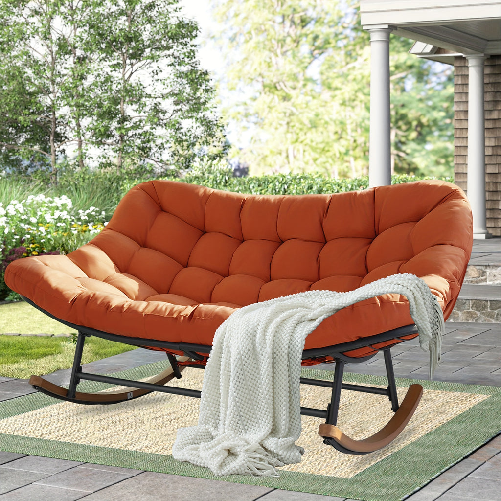 Outdoor Rocking Chair for Two, Featuring an Oversized Papasan Design with a Durable E-Coated Steel Frame And Plush Cushioning