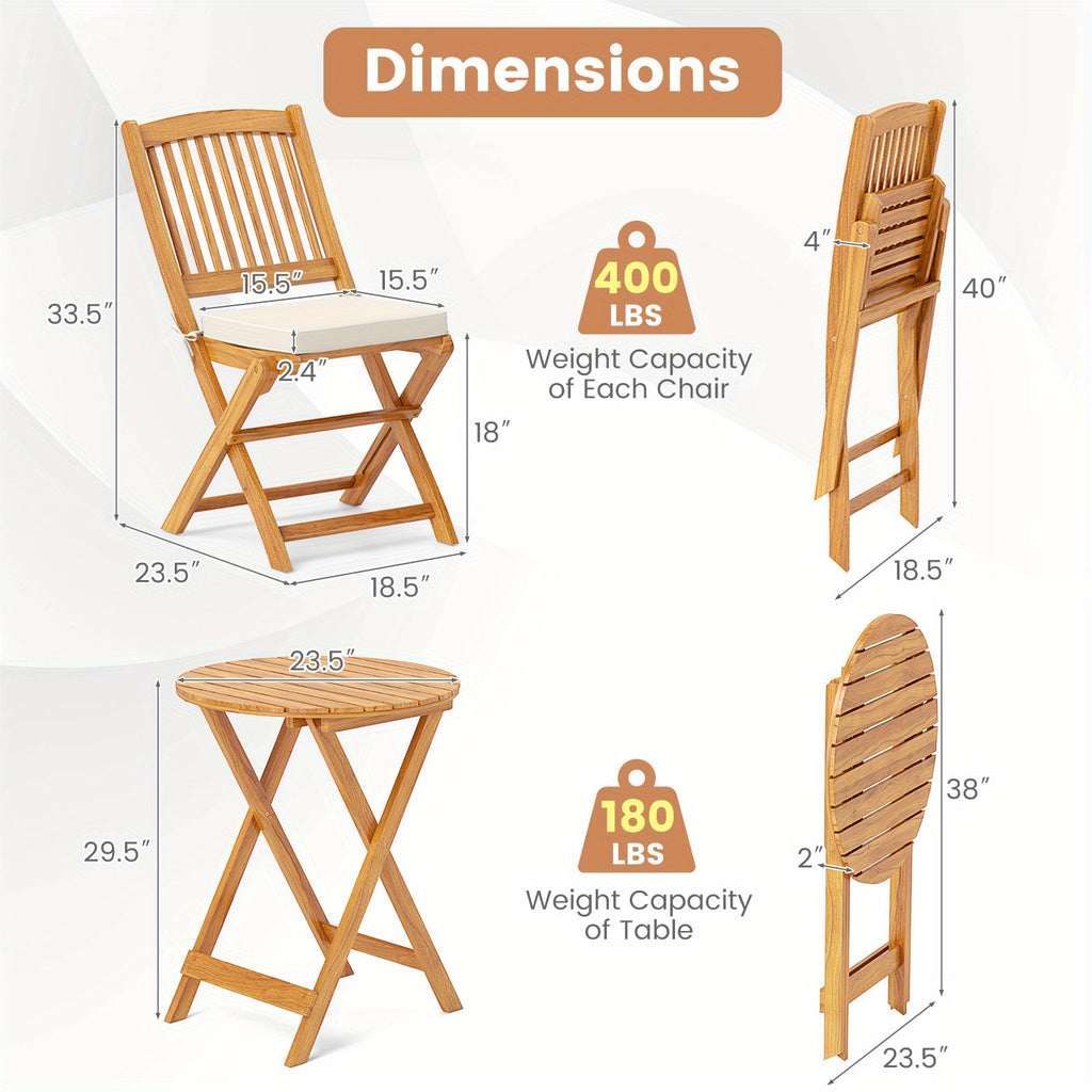 LIFEZEAL 3pcs Acacia Wood Patio Folding Bistro Set, Outdoor Table and Chairs Set with Soft Cushions, Patio Furniture Set for Porch, Balcony, Garden, Deck and Backyard.