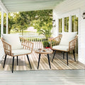 Three-Piece Bistro Furniture Set, Wicker Collection for Outdoor Spaces Like Balconies, Backyards, Pools, Porches, And Decks, Includes Rattan Conversation Table And Cushions in Tan-Beige