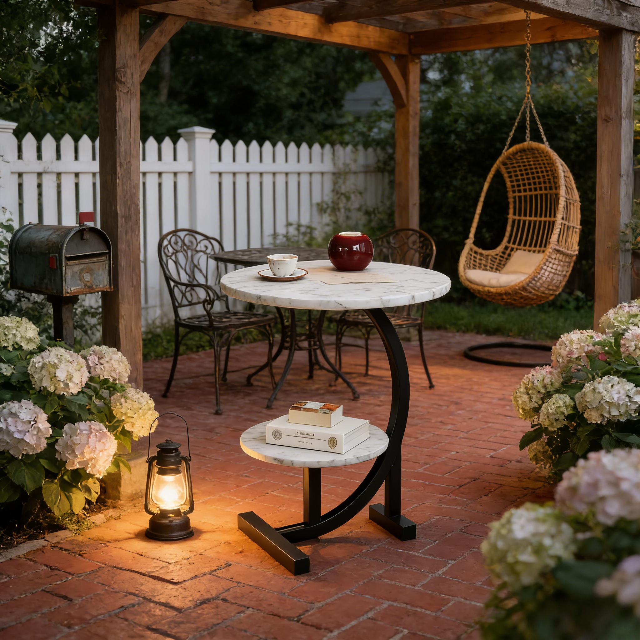 14 Inch Round Metal Solid Wood Arc Side Table | Modern Garden Side Table with Double Layer Storage Shelf - Durable Aluminum Alloy Frame, Polished Surface, Space-Saving Design, Sturdy Base for Terrace, Camping, Balcony or Outdoor Space