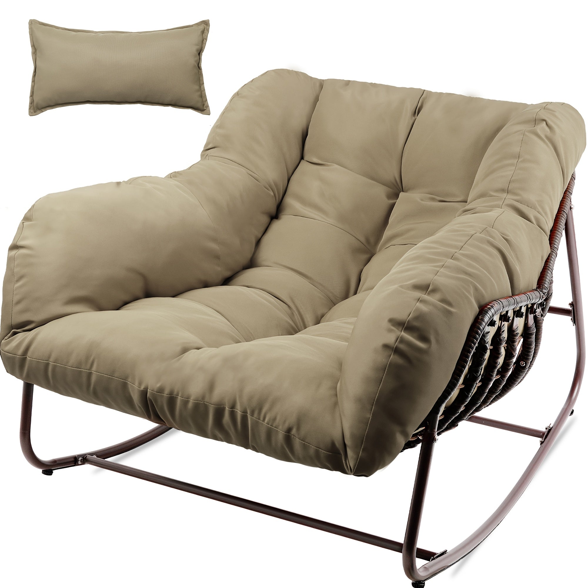 Outdoor Papasan Rocking Chair, Wicker Papasan Patio with Cushion And Pillow, Large Papasan Rocker Egg Chair for Garden And Patio