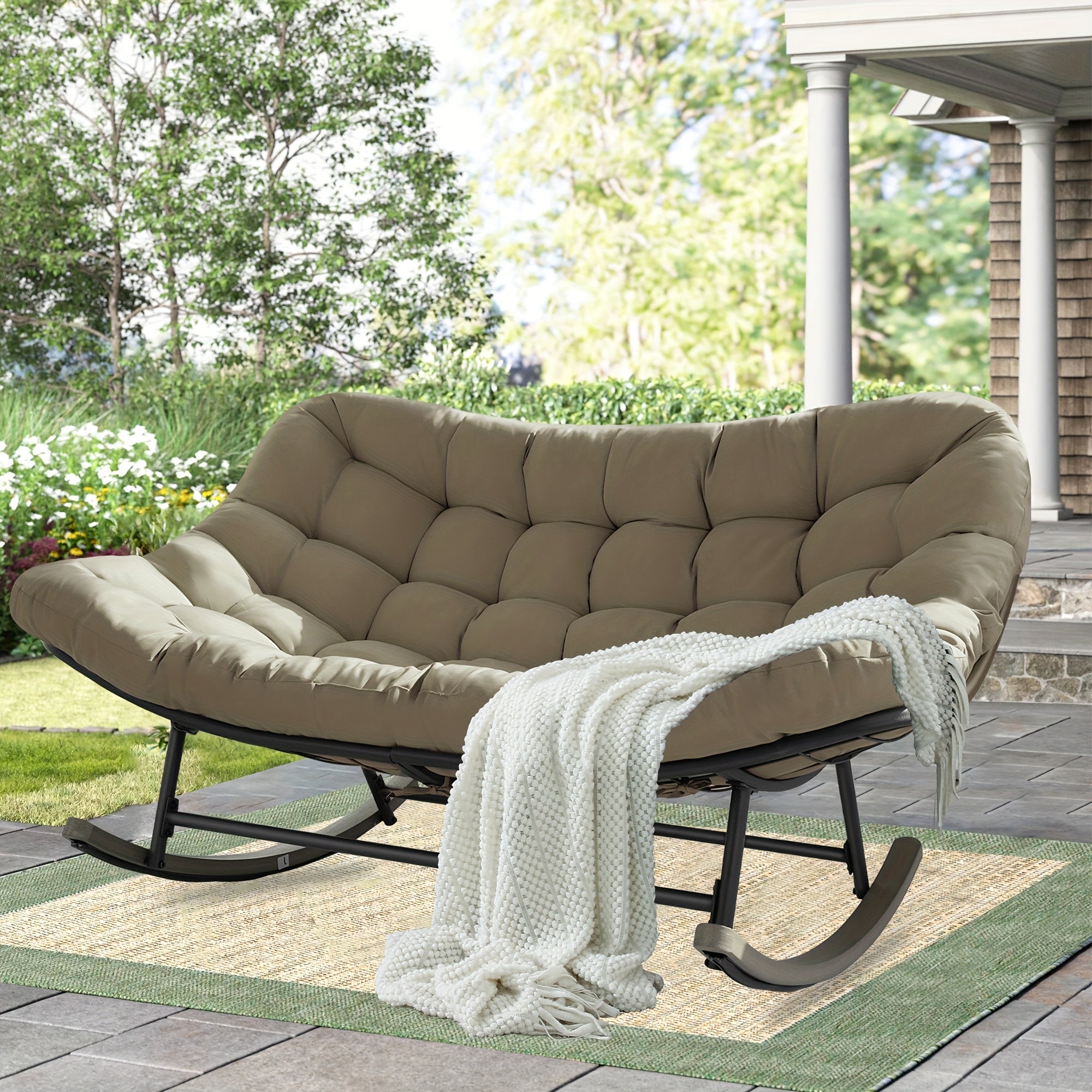 Outdoor Rocking Chair for Two, Featuring an Oversized Papasan Design with a Durable E-Coated Steel Frame And Plush Cushioning