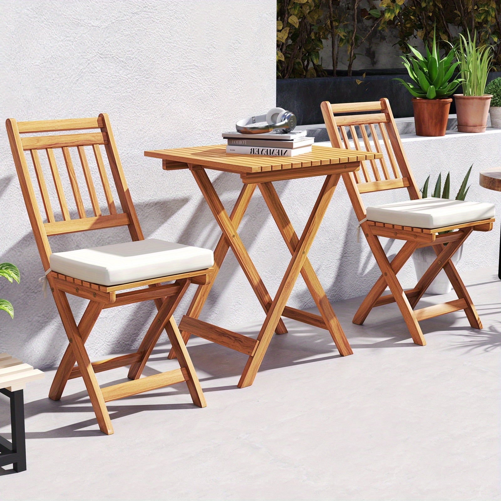 COSTWAY Outdoor Wooden Bistro Set, Folding Chair And Table Set with Comfortable Seat Cushions, Acacia Wood High Back Armless Chairs with Table, Patio Dining Set with Cushions for Backyard And Poolside.