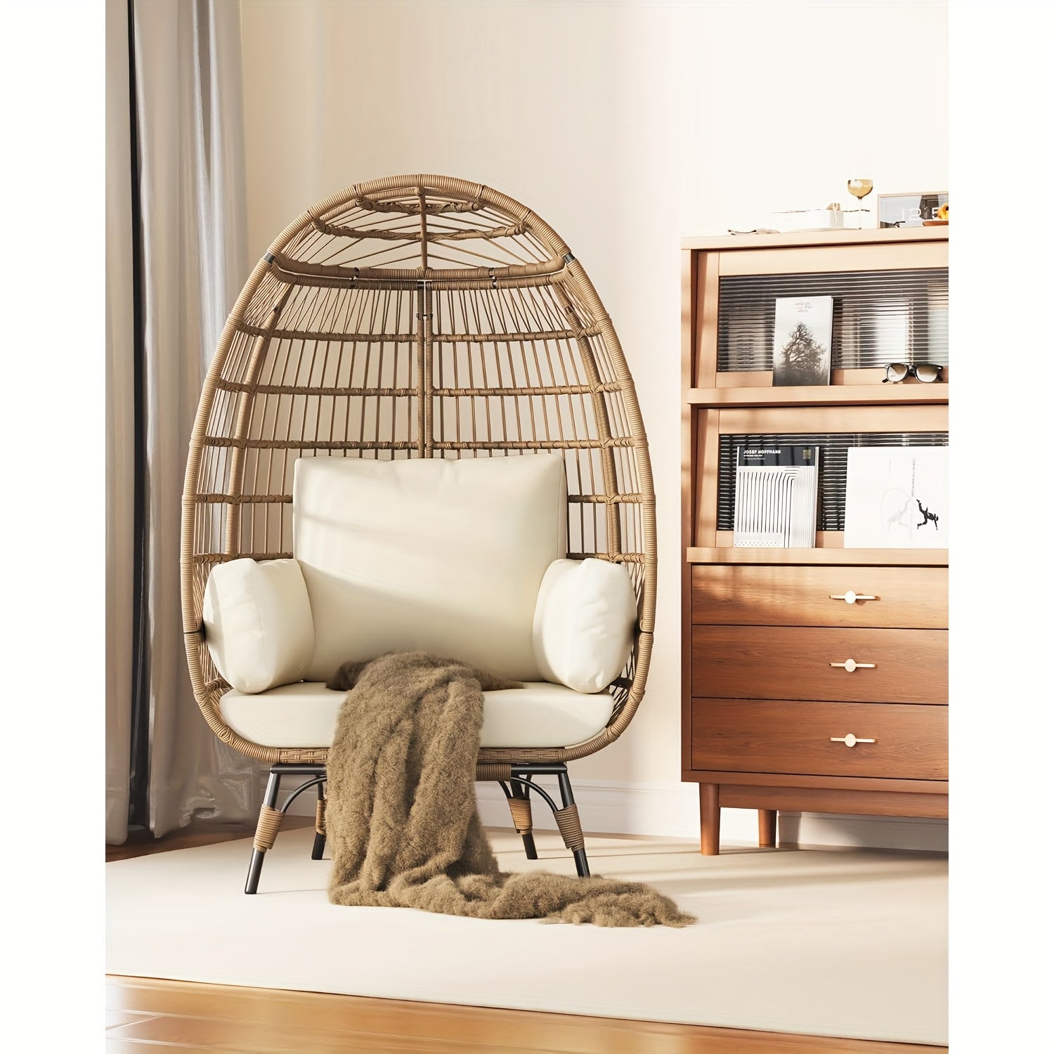 Oversized Rattan Egg Chair Indoor\u002FOutdoor Wicker Egg Basket Lounge Chair Egg Shaped Chair with Steel Frame And 4 Cushions for Patio, Porch, Backyard, Living Room, White\u002FBlack