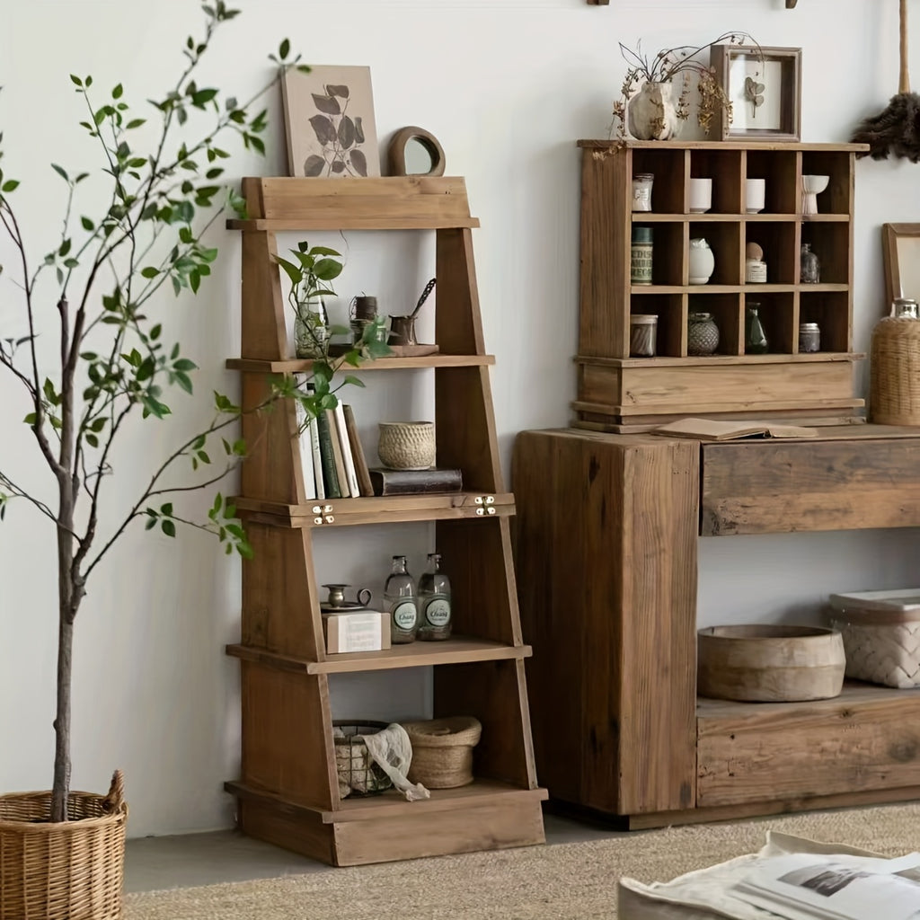 4-Tier Folding Ladder Shelf - Rustic Brown Solid Wood Multi-Purpose Storage Rack, Plant Stand, Bookshelf, And Planter Holder. Ideal For Homes, Bedrooms, Living Rooms, Balconies, And Courtyards. A Versatile Shelving Unit Crafted From Solid Wood.