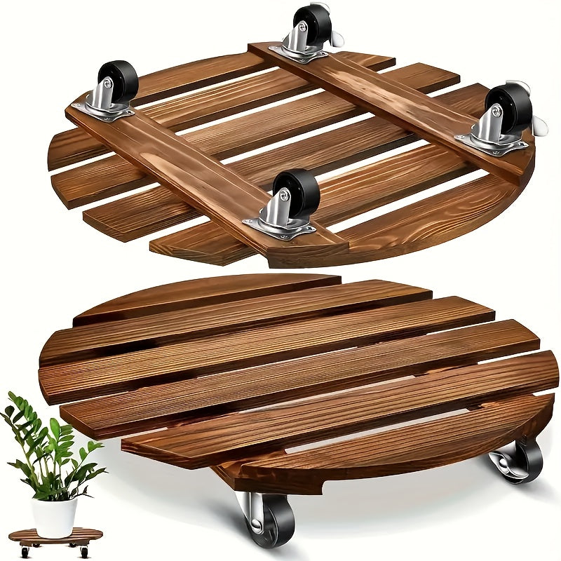 2pcs Wooden Plant Stand with Locking Wheels - Suitable for Indoor\u002FOutdoor Heavy-Duty Rolling Plant Stand, Perfect for Large Potted Plants