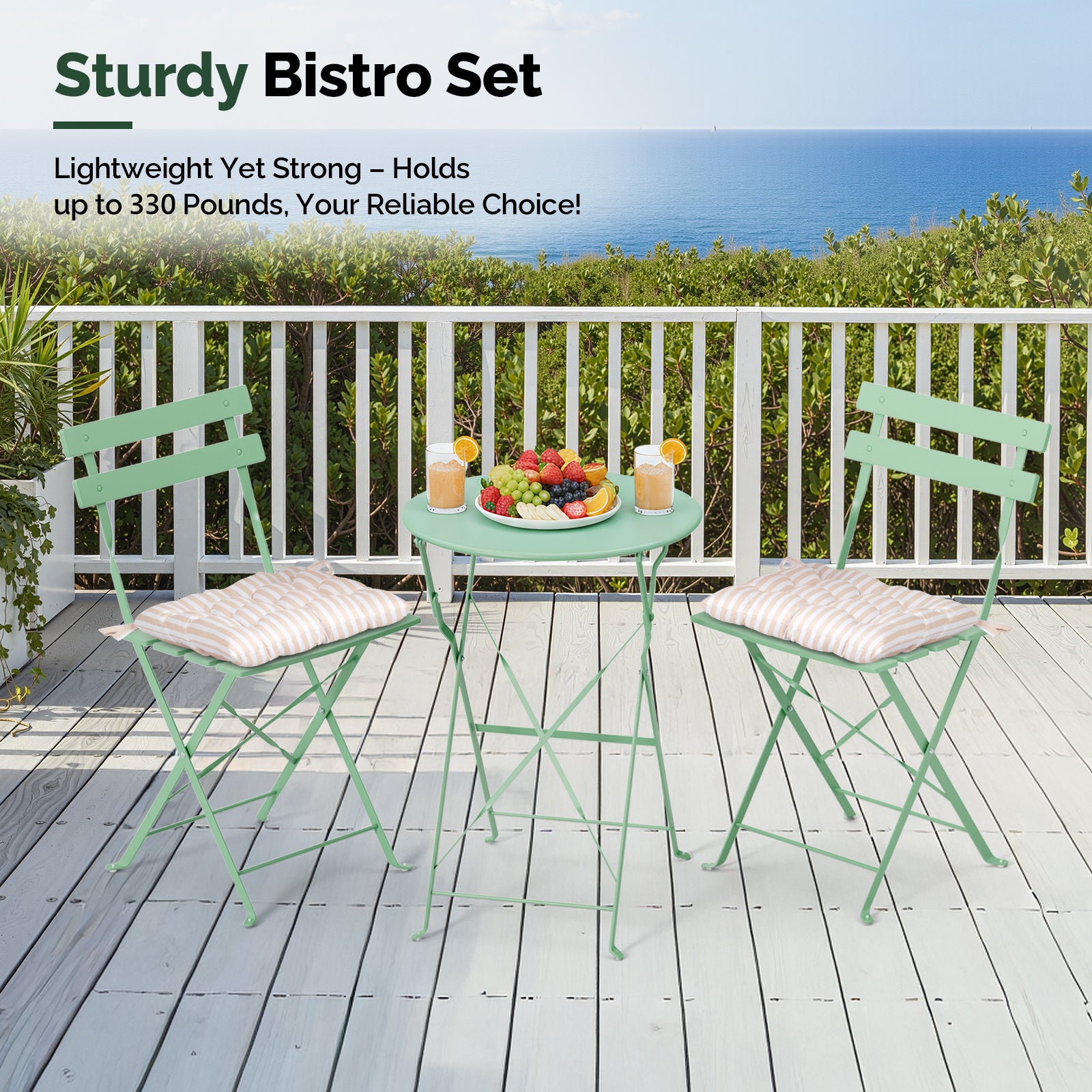 3-Piece Folding Bistro Set, Space-Saving Outdoor Patio Table and Chairs, Weather-Resistant Steel Furniture Set for Balcony Porch Garden, Black\u002FYellow\u002FGreen