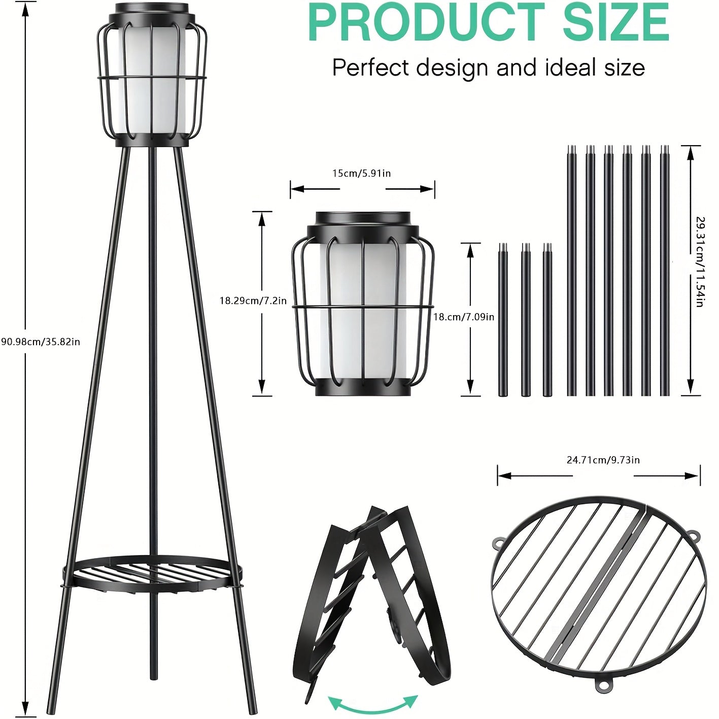 Solar Floor Lamps Outdoor With Metal Plant Stands, 36inch Solar Floor Lights Flower Shelf For Patio Deck Yard Garden, Outdoor Gardens Decor Gifts